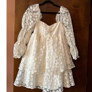 Storia Sheer Daisy Puff Sleeve Babydoll Dress Square Neck Ruffle Tiered‎ Size S